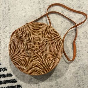 Round Woven Tan Crossbody Bag